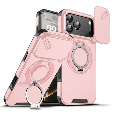 Mixroom - Custodia Cover per iPhone 13 Protezione Antiurto Militare con Supporto cellulare a stand Cavalletto ad Anello Magnetico Copertura Fotocamera Slide Scorrevole C07 Nero