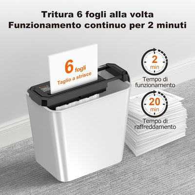 Bonsaii Tritadocumenti da 6 fogli, compatto per ufficio domestico; tritura carte di credito a strisce, P-2, design portatile con manico estendibile, S125-A