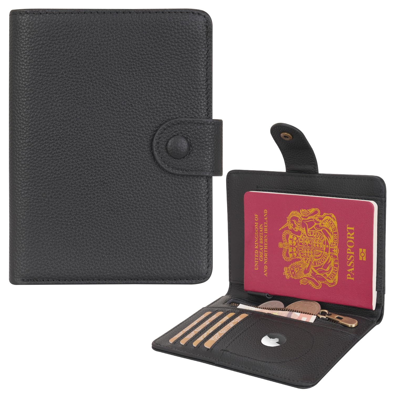 WASON Porta Passaporto in Vera Pelle con RFID, Portafoglio da Viaggio, Scomparti Carte, Tasca Contanti, Portamonete, Slot Tracker, Organizzatore Biglietti Aerei per Uomo e Donna(Zwart)