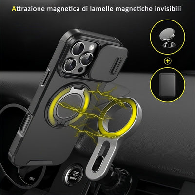 Mixroom - Custodia Cover per iPhone 13 Protezione Antiurto Militare con Supporto cellulare a stand Cavalletto ad Anello Magnetico Copertura Fotocamera Slide Scorrevole C07 Nero