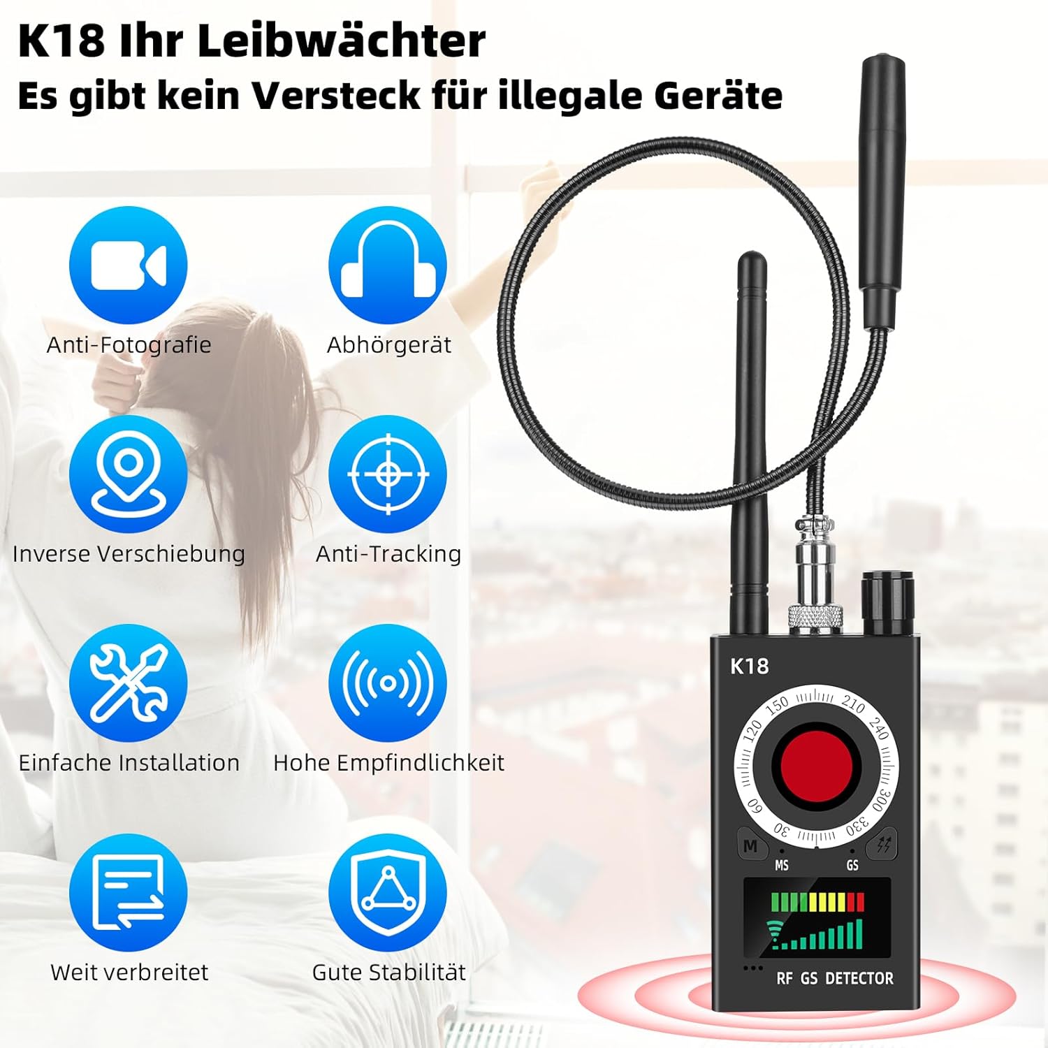 Rilevatore Microspie 4 in 1 – Rilevatore di Telecamere Nascoste, GPS Tracker, RF Signal Scanner e Forte Rilevatore Magnetico con 5 Livelli di Sensibilità per Casa Ufficio Hotel