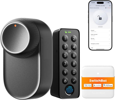 SwitchBot WiFi Smart Lock Ultra Con Tastierino Touchscreen, Serratura Smart Con Impronte Digitali, Serratura Elettronica Con Batteria Ricaricabile, Adatta A Porte Europee, Matter/Alexa/Google