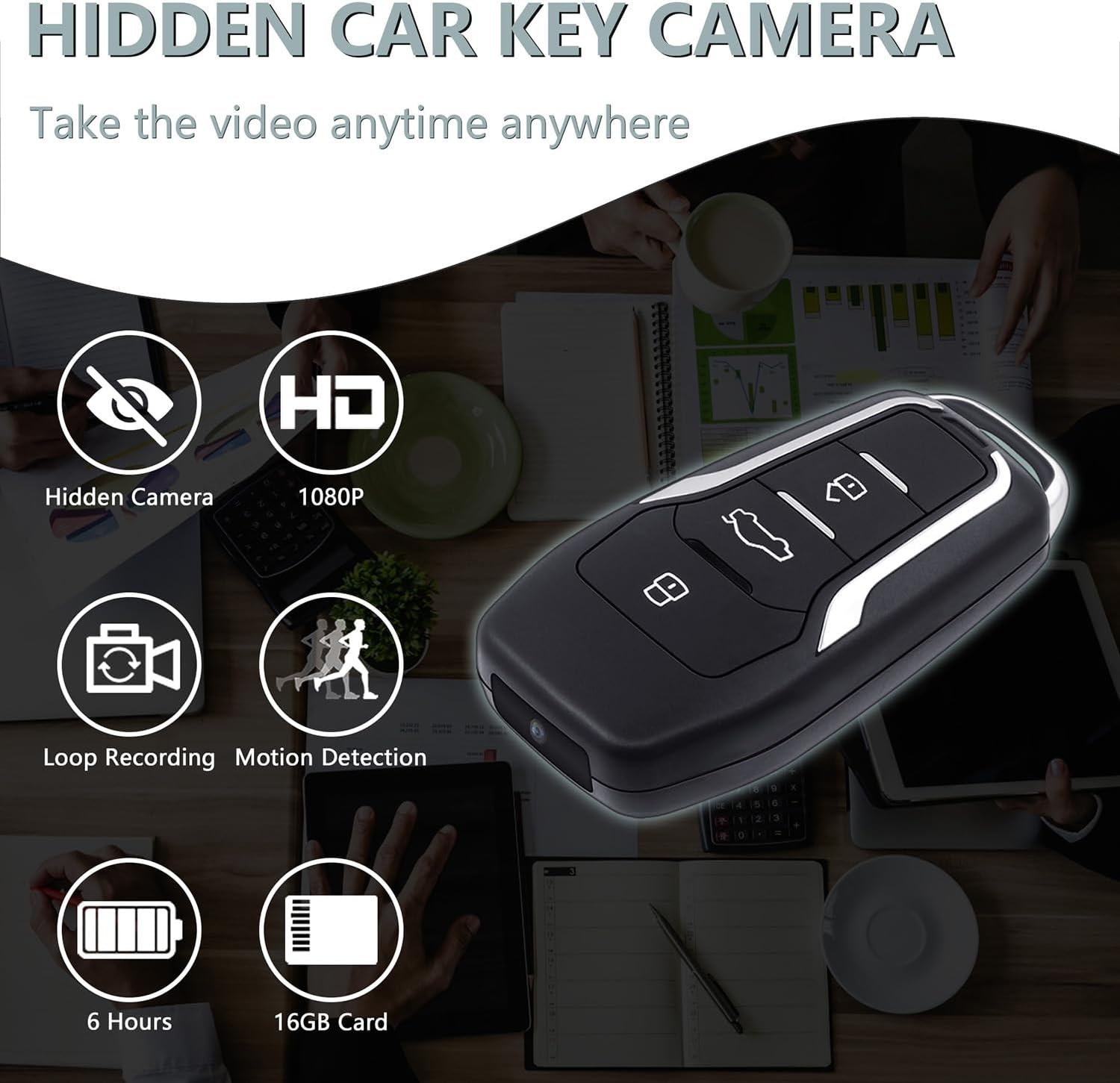 OTADUG Telecamera Spia Chiave Auto, 16 GB Telecamera Nascosta 1080P con Monitoraggio del Movimento, Registrazione Video e Audio, Batteria a Lunga Durata da 6 Ore