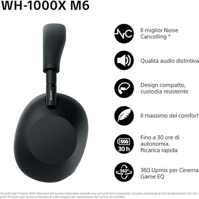 Cuffie wireless premium Sony WH-1000XM6 con cancellazione del rumore, audio ad alta risoluzione, massimo comfort, design pieghevole, custodia resistente, batteria da 30 ore, iOS e Android - Nero