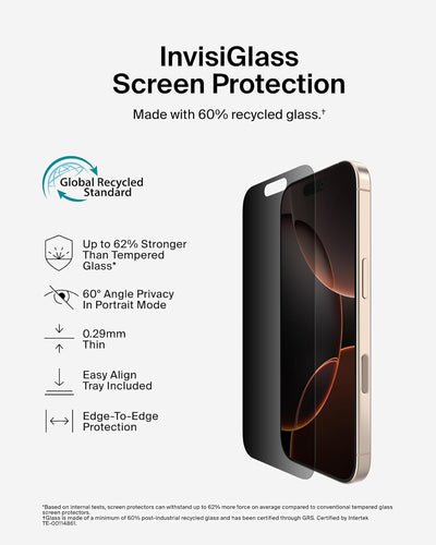 Belkin Recycled Privacy Screen Protector for iPhone 16 Pro 6.3" 2024| Drop & Scratch Protection, Privacy Filter, Anti-Fingerprint, Slim 0.33mm Design, Full Screen, Includes Easy Align Tray