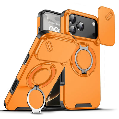 Mixroom - Custodia Cover per iPhone 13 Protezione Antiurto Militare con Supporto cellulare a stand Cavalletto ad Anello Magnetico Copertura Fotocamera Slide Scorrevole C07 Nero