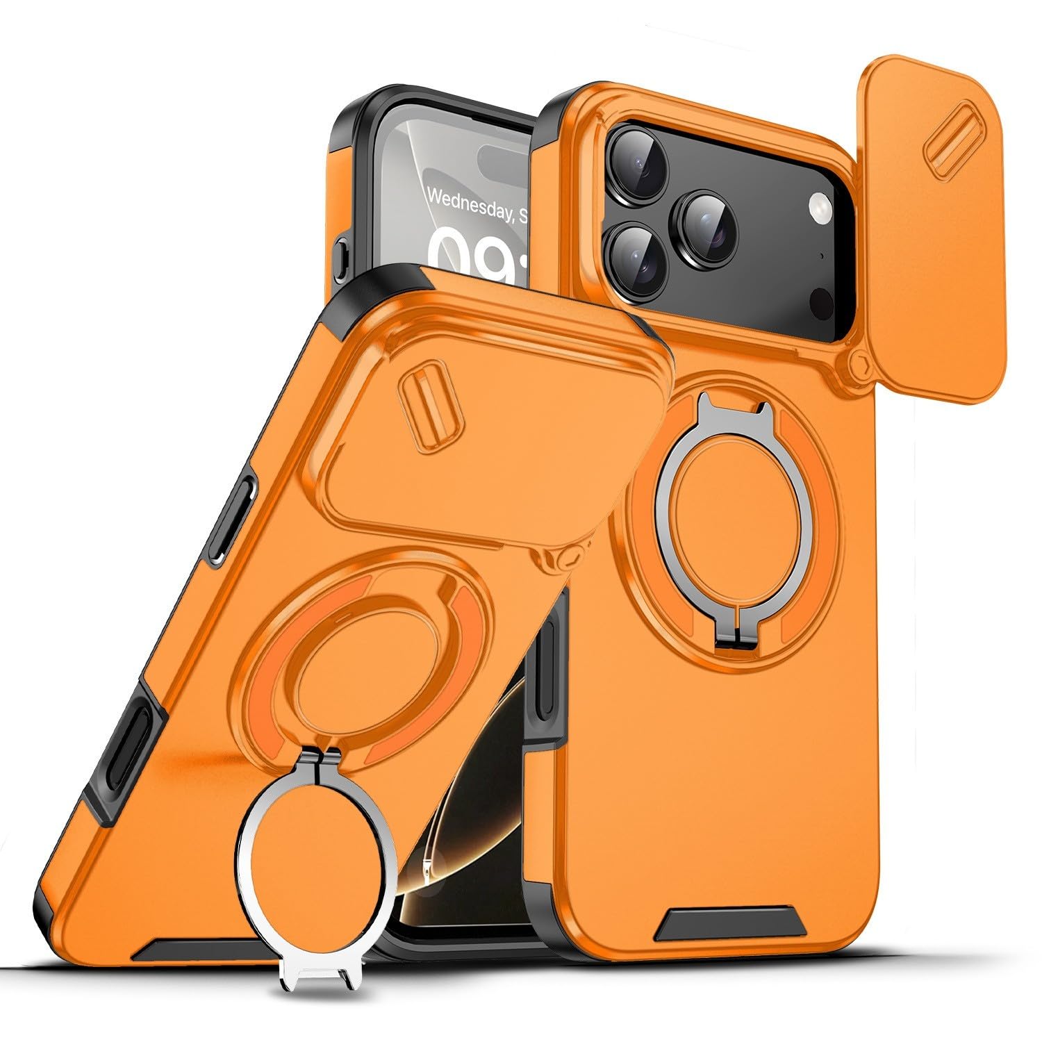 Mixroom - Custodia Cover per iPhone 13 Protezione Antiurto Militare con Supporto cellulare a stand Cavalletto ad Anello Magnetico Copertura Fotocamera Slide Scorrevole C07 Nero