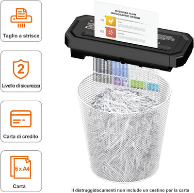 Bonsaii Tritadocumenti da 6 fogli, compatto per ufficio domestico; tritura carte di credito a strisce, P-2, design portatile con manico estendibile, S125-A