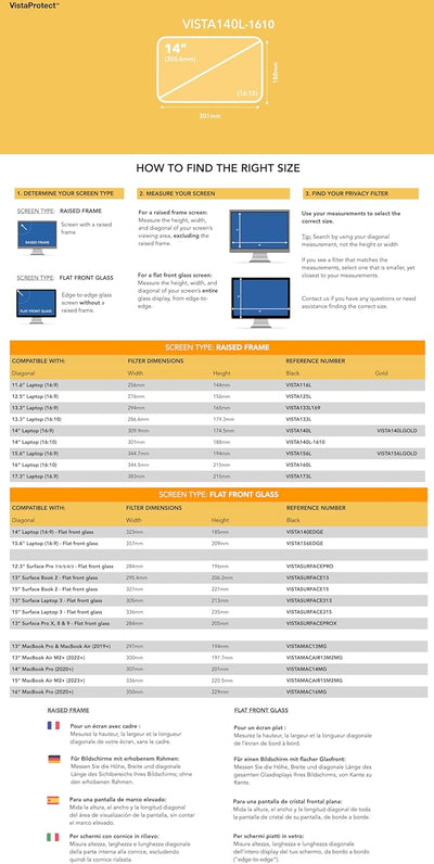 VistaProtect – Filtro Privacy Premium & Filtro Anti Luce Blu, per Laptop & Notebook (14 Pollici - 16:10)