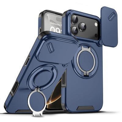 Mixroom - Custodia Cover per iPhone 13 Protezione Antiurto Militare con Supporto cellulare a stand Cavalletto ad Anello Magnetico Copertura Fotocamera Slide Scorrevole C07 Nero