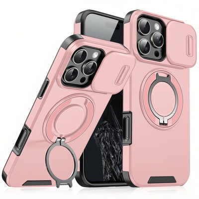 Mixroom - Custodia Cover per iPhone 13 Protezione Antiurto Militare con Supporto cellulare a stand Cavalletto ad Anello Magnetico Copertura Fotocamera Slide Scorrevole C07 Nero