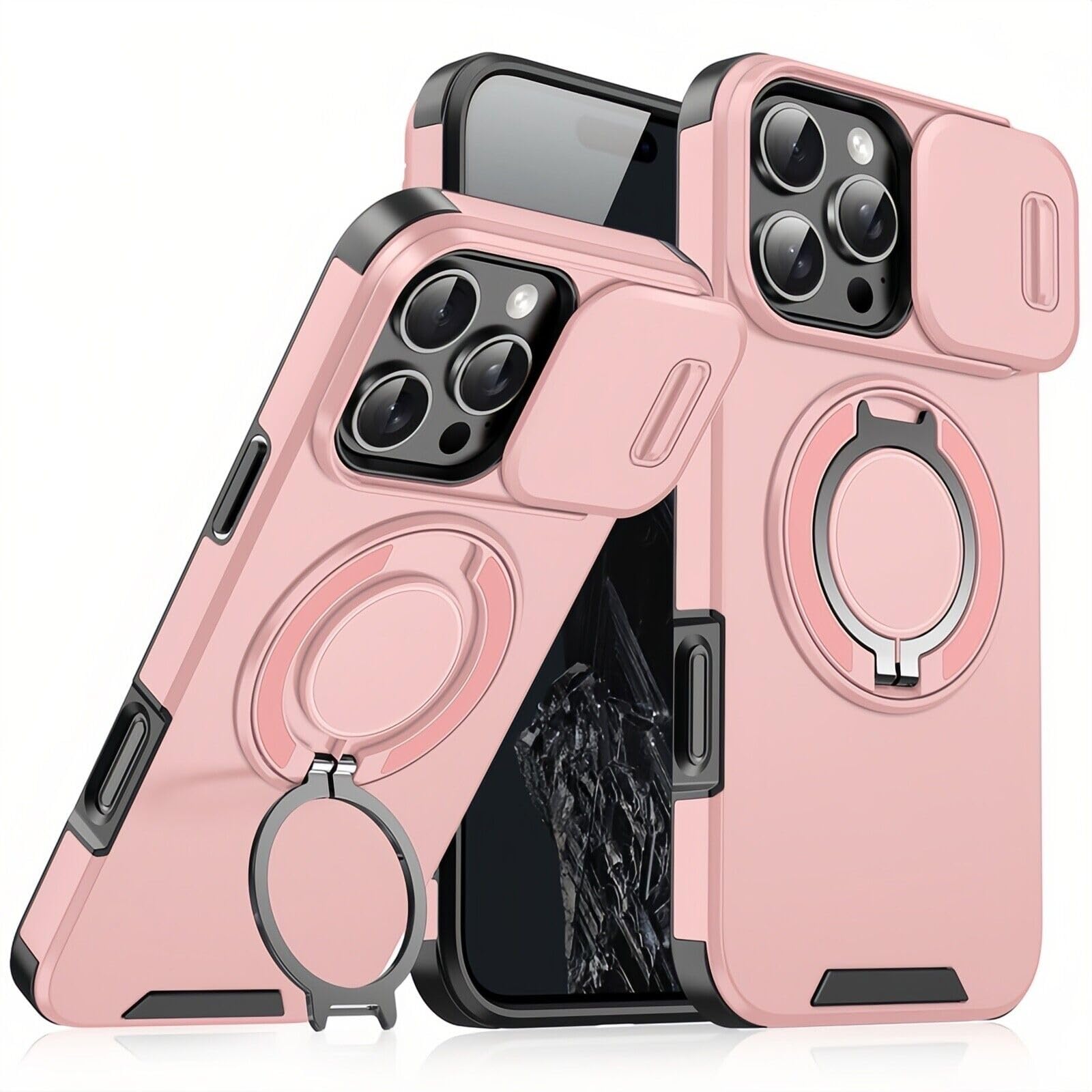 Mixroom - Custodia Cover per iPhone 13 Protezione Antiurto Militare con Supporto cellulare a stand Cavalletto ad Anello Magnetico Copertura Fotocamera Slide Scorrevole C07 Nero