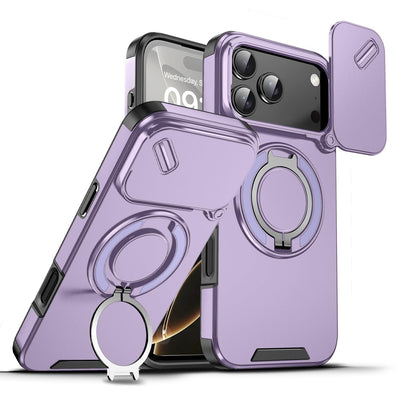 Mixroom - Custodia Cover per iPhone 13 Protezione Antiurto Militare con Supporto cellulare a stand Cavalletto ad Anello Magnetico Copertura Fotocamera Slide Scorrevole C07 Nero