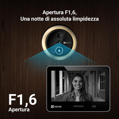 EZVIZ EP4 Spioncino Digitale WiFi 4K con Schermo Touch da 5,5", Batteria 7100mAh, Riconoscimento Facciale AI, Audio Bidirezionale, Visione Notturna, Rilevamento PIR, Supporta MicroSD 512GB, Oro
