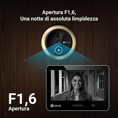 EZVIZ EP4 Spioncino Digitale WiFi 4K con Schermo Touch da 5,5", Batteria 7100mAh, Riconoscimento Facciale AI, Audio Bidirezionale, Visione Notturna, Rilevamento PIR, Supporta MicroSD 512GB, Oro