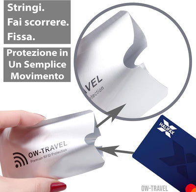 OW-Travel Custodie Blocco RFID. Protezione RFID per Porta Carte di Credito Uomo e Donna e Custodia Passaporto. Proteggi Carte di Credito Contactless. Porta Bancomat Schermato + Custodie Passaporto, 14