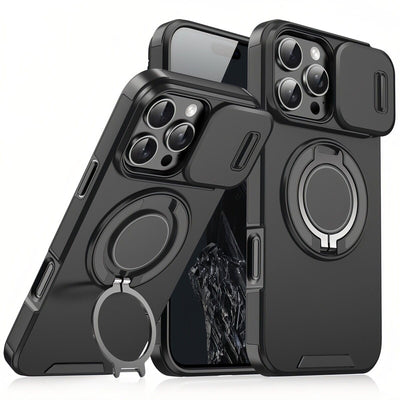 Mixroom - Custodia Cover per iPhone 13 Protezione Antiurto Militare con Supporto cellulare a stand Cavalletto ad Anello Magnetico Copertura Fotocamera Slide Scorrevole C07 Nero
