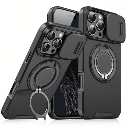 Mixroom - Custodia Cover per iPhone 13 Protezione Antiurto Militare con Supporto cellulare a stand Cavalletto ad Anello Magnetico Copertura Fotocamera Slide Scorrevole C07 Nero