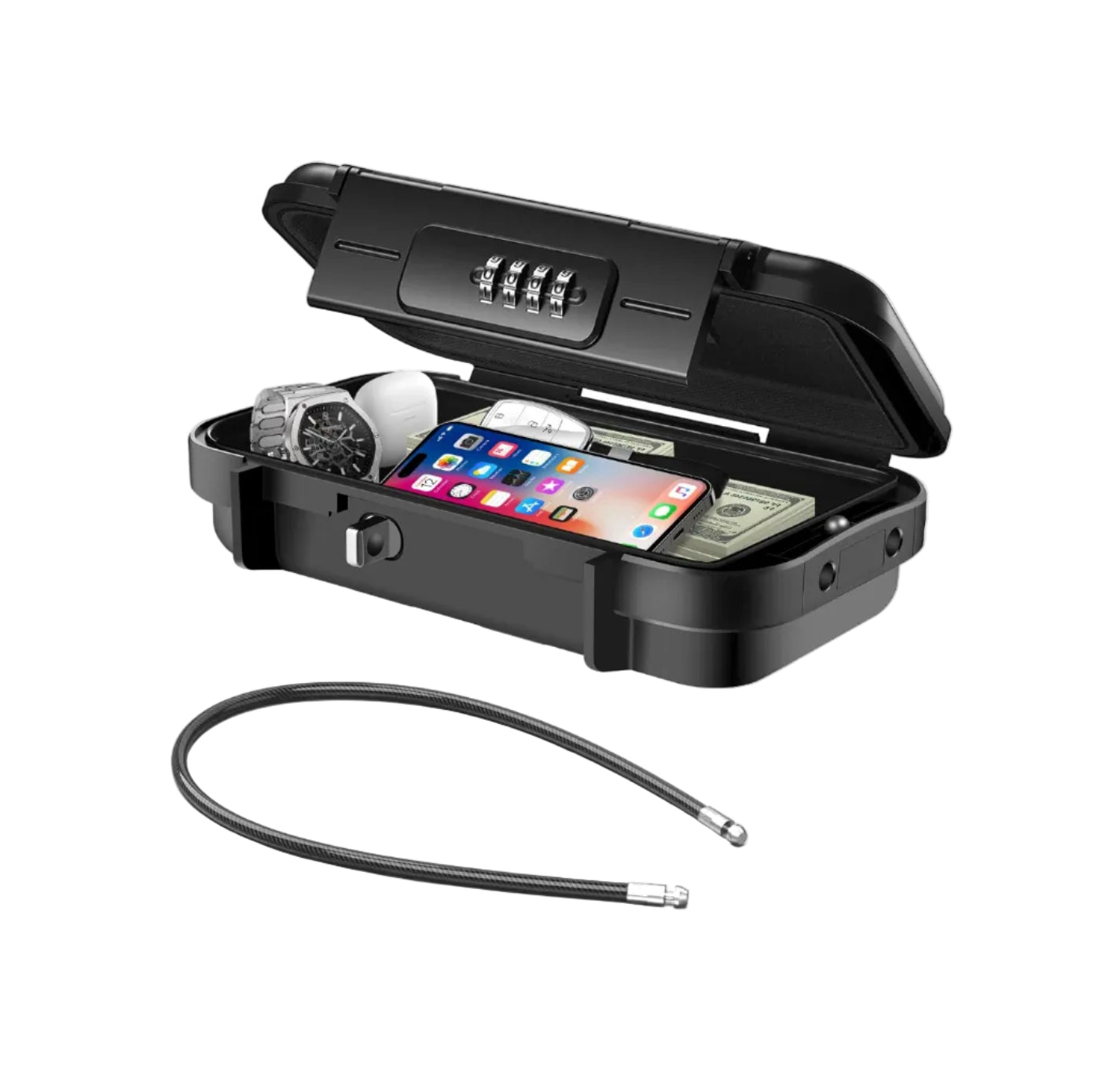 Cassaforte portatile con codice - Impermeabile e antifurto - Cassaforte da viaggio - Con cavo metallico rimovibile - Per la spiaggia, le auto, l'ufficio, le vacanze - Nero