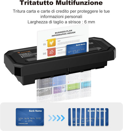 Bonsaii Tritadocumenti da 6 fogli, compatto per ufficio domestico; tritura carte di credito a strisce, P-2, design portatile con manico estendibile, S125-A