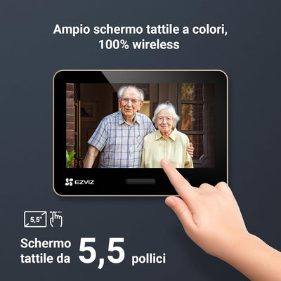 EZVIZ EP4 Spioncino Digitale WiFi 4K con Schermo Touch da 5,5", Batteria 7100mAh, Riconoscimento Facciale AI, Audio Bidirezionale, Visione Notturna, Rilevamento PIR, Supporta MicroSD 512GB, Oro