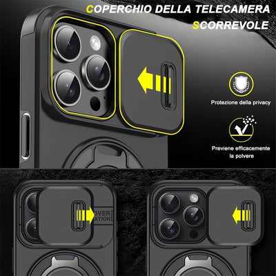 Mixroom - Custodia Cover per iPhone 13 Protezione Antiurto Militare con Supporto cellulare a stand Cavalletto ad Anello Magnetico Copertura Fotocamera Slide Scorrevole C07 Nero