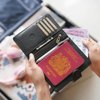 WASON Porta Passaporto in Vera Pelle con RFID, Portafoglio da Viaggio, Scomparti Carte, Tasca Contanti, Portamonete, Slot Tracker, Organizzatore Biglietti Aerei per Uomo e Donna(Zwart)