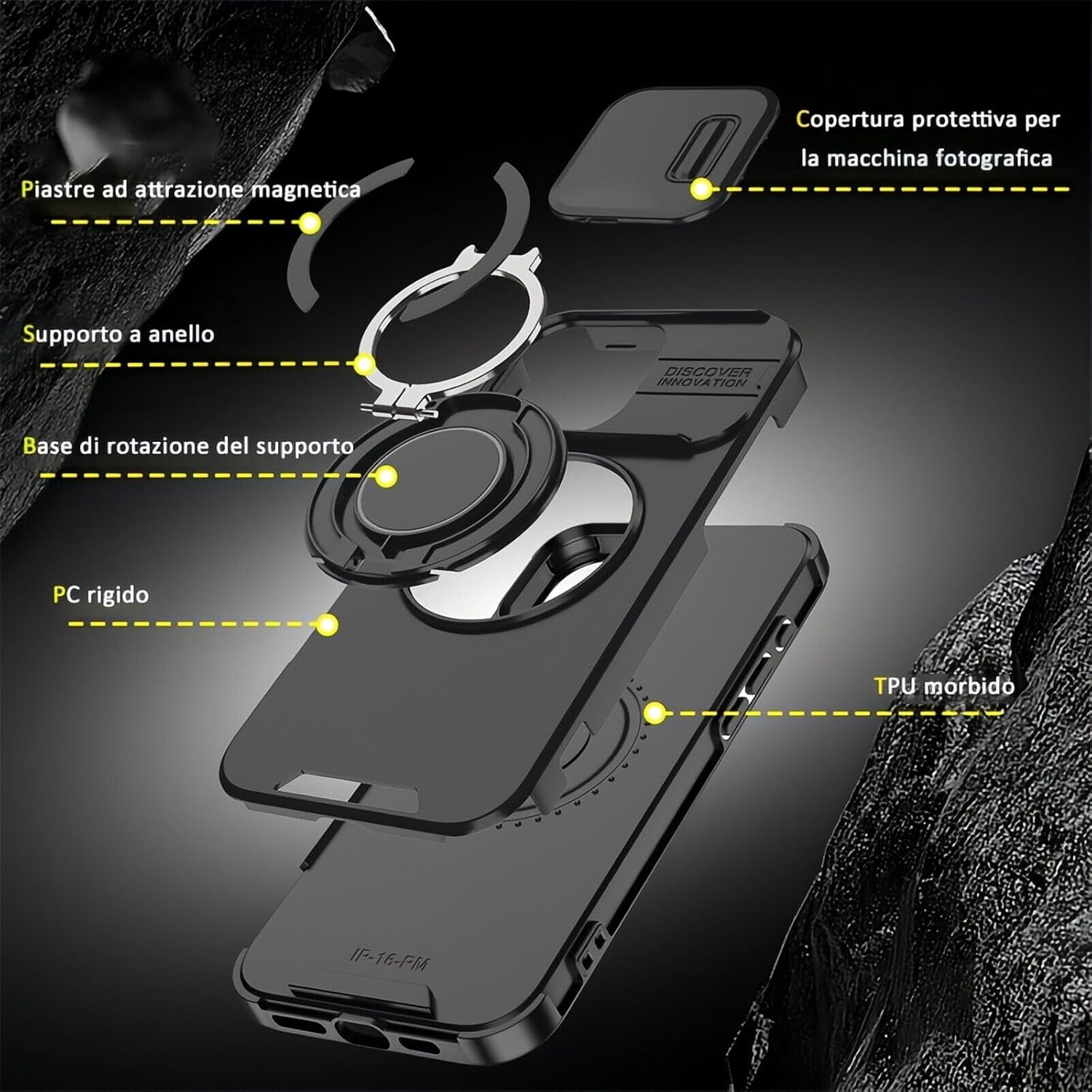Mixroom - Custodia Cover per iPhone 13 Protezione Antiurto Militare con Supporto cellulare a stand Cavalletto ad Anello Magnetico Copertura Fotocamera Slide Scorrevole C07 Nero