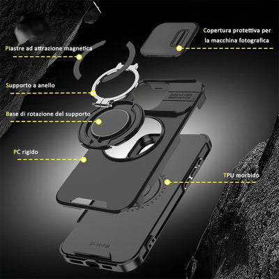 Mixroom - Custodia Cover per iPhone 13 Protezione Antiurto Militare con Supporto cellulare a stand Cavalletto ad Anello Magnetico Copertura Fotocamera Slide Scorrevole C07 Nero