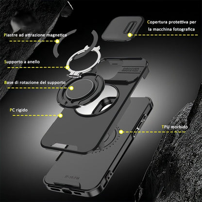 Mixroom - Custodia Cover per iPhone 13 Protezione Antiurto Militare con Supporto cellulare a stand Cavalletto ad Anello Magnetico Copertura Fotocamera Slide Scorrevole C07 Nero