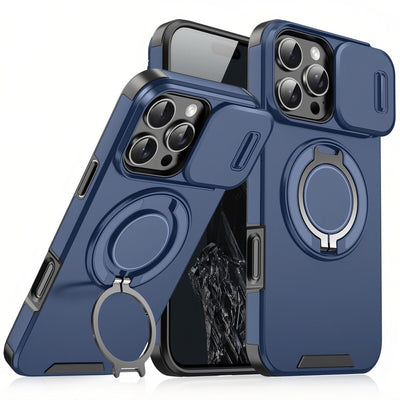 Mixroom - Custodia Cover per iPhone 13 Protezione Antiurto Militare con Supporto cellulare a stand Cavalletto ad Anello Magnetico Copertura Fotocamera Slide Scorrevole C07 Nero