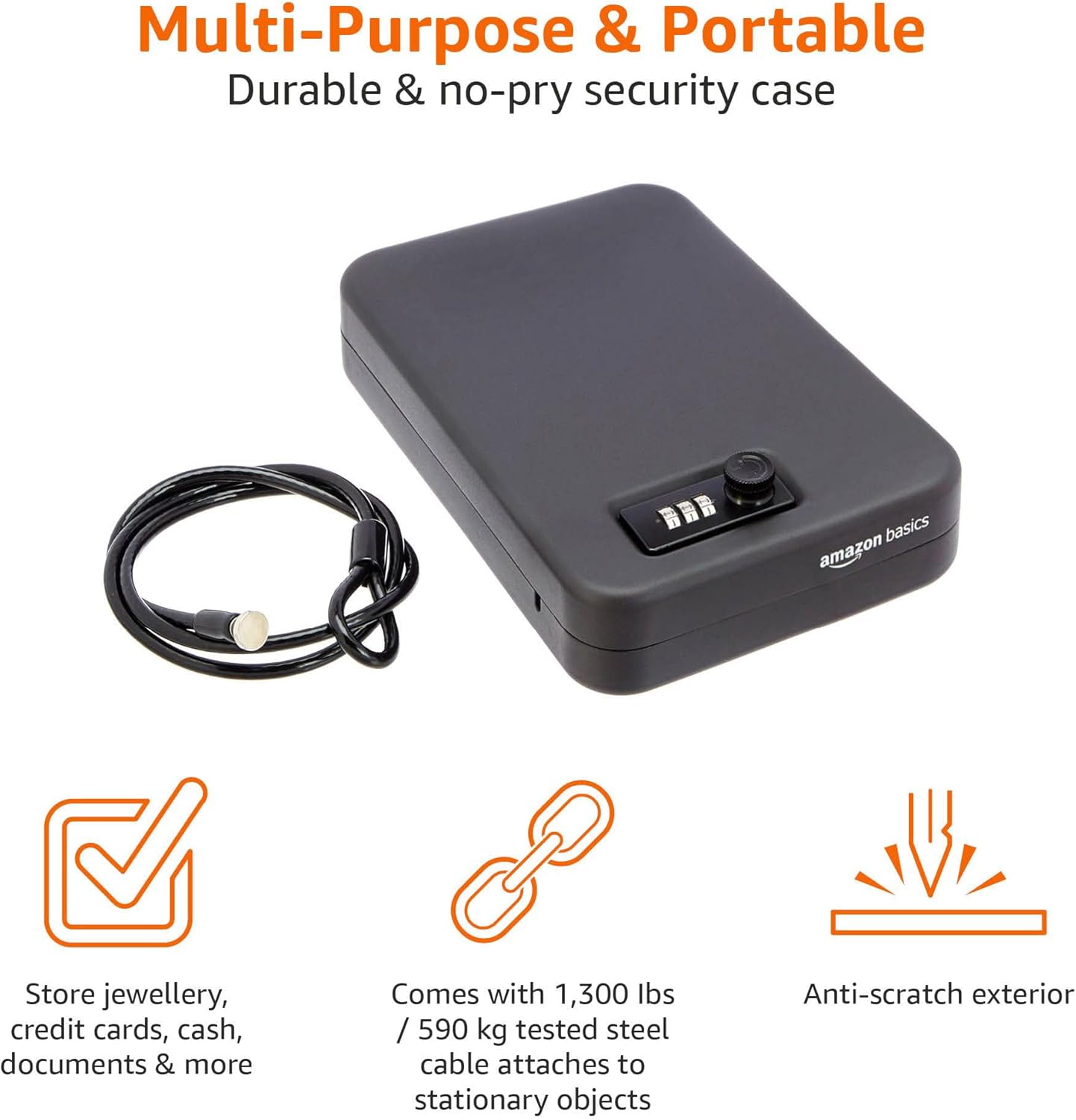 Amazon Basics Cassetta di sicurezza portatile, con serratura a combinazione, per documenti e gioielli, grande, nero