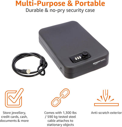 Amazon Basics Cassetta di sicurezza portatile, con serratura a combinazione, per documenti e gioielli, grande, nero