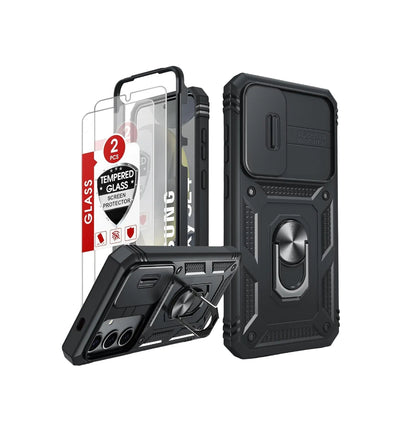 LeYi Cover per Samsung S24 con Vetro Temperato [2 Pack],Custodia con Protezione Fotocamera [Slidable] Antiurto Grado Militare 360° Anello Supporto TPU Bumper CustodieSamsung S 24 5G, Nero