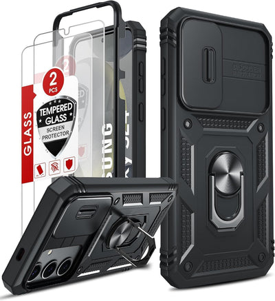 LeYi Cover per Samsung S24 con Vetro Temperato [2 Pack],Custodia con Protezione Fotocamera [Slidable] Antiurto Grado Militare 360° Anello Supporto TPU Bumper CustodieSamsung S 24 5G, Nero