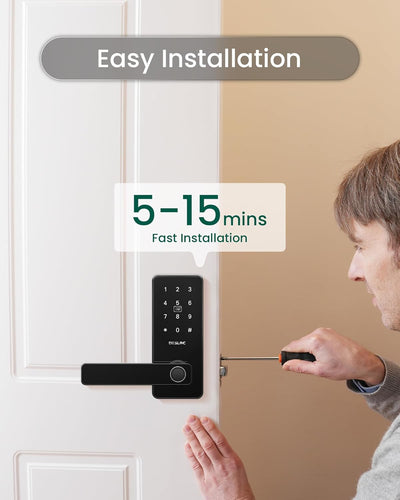DESLOC B200L Fingerprint Smart Lock with Handle, Keyless Entry Door Locks for Front Door and Bedrooms, App Control, Touchscreen Keypad, Auto-Lock, 12-Month Battery, Emergency Power Port, IP54 Black
