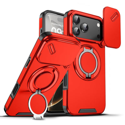 Mixroom - Custodia Cover per iPhone 13 Protezione Antiurto Militare con Supporto cellulare a stand Cavalletto ad Anello Magnetico Copertura Fotocamera Slide Scorrevole C07 Nero