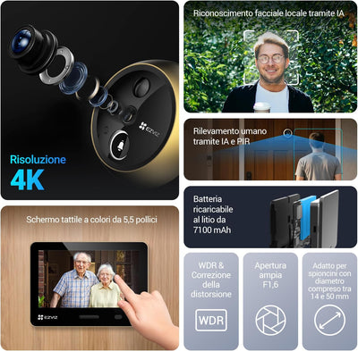 EZVIZ EP4 Spioncino Digitale WiFi 4K con Schermo Touch da 5,5", Batteria 7100mAh, Riconoscimento Facciale AI, Audio Bidirezionale, Visione Notturna, Rilevamento PIR, Supporta MicroSD 512GB, Oro