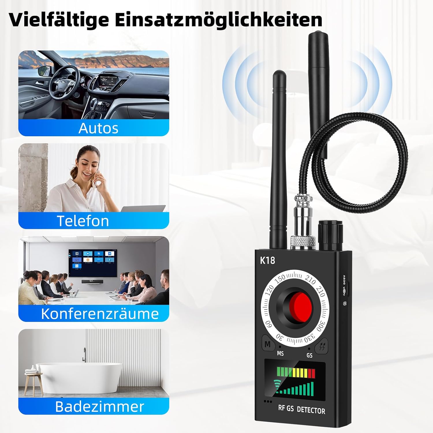 Rilevatore Microspie 4 in 1 – Rilevatore di Telecamere Nascoste, GPS Tracker, RF Signal Scanner e Forte Rilevatore Magnetico con 5 Livelli di Sensibilità per Casa Ufficio Hotel