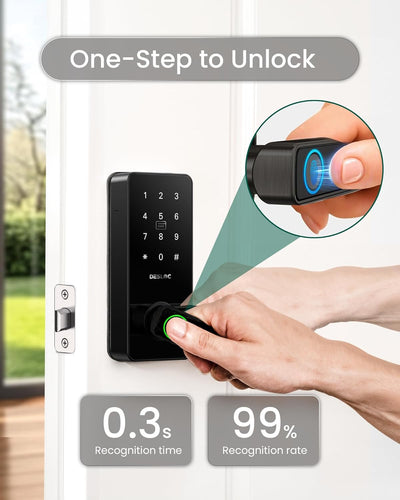 DESLOC B200L Fingerprint Smart Lock with Handle, Keyless Entry Door Locks for Front Door and Bedrooms, App Control, Touchscreen Keypad, Auto-Lock, 12-Month Battery, Emergency Power Port, IP54 Black