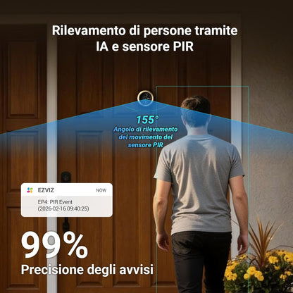 EZVIZ EP4 Spioncino Digitale WiFi 4K con Schermo Touch da 5,5", Batteria 7100mAh, Riconoscimento Facciale AI, Audio Bidirezionale, Visione Notturna, Rilevamento PIR, Supporta MicroSD 512GB, Oro
