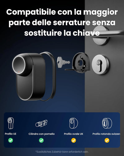 SwitchBot WiFi Smart Lock Ultra con Tastierino Vision Pro, riconoscimento 3D di volto e vene palmari, sblocco contactless, compatibile con cilindri europei. Supporta Matter, Alexa, Google e IFTTT