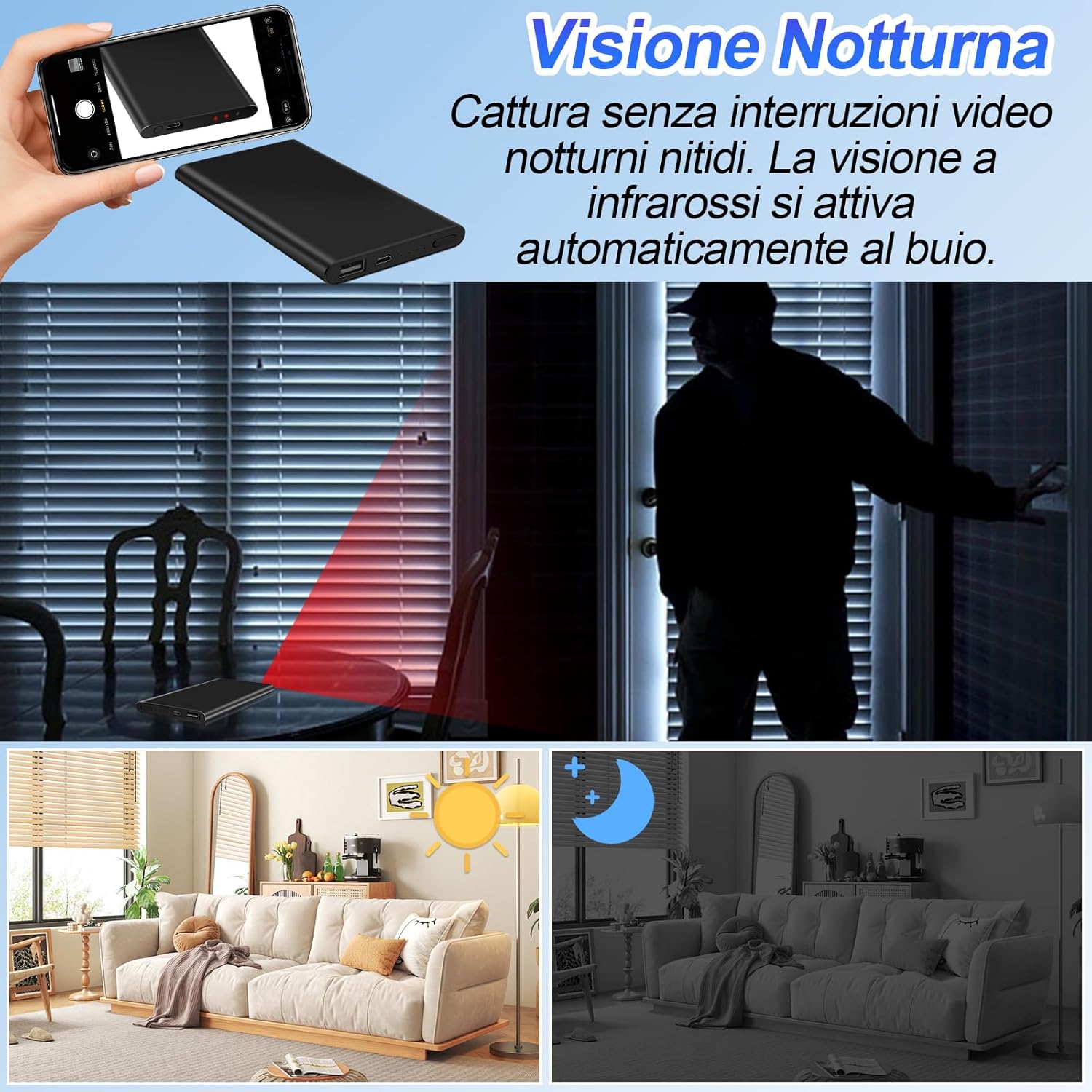 Telecamera Spia Power Bank, Doppia Funzione 1080P HD Mini Telecamera Spia Nascosta, Batteria 5000 mAh per 17 Ore di Registrazione con Cavo USB 3-in-1
