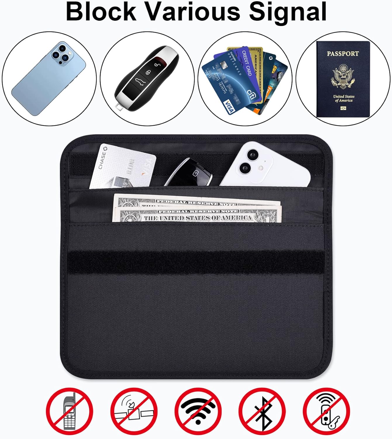 Wisdompro Faraday borsa con schermo protettivo, blocca i segnali RFID, custodia a forma di borsa per proteggere la privacy del cellulare e chiavi auto, anti-tracciamento e anti-spionaggio, nero, L