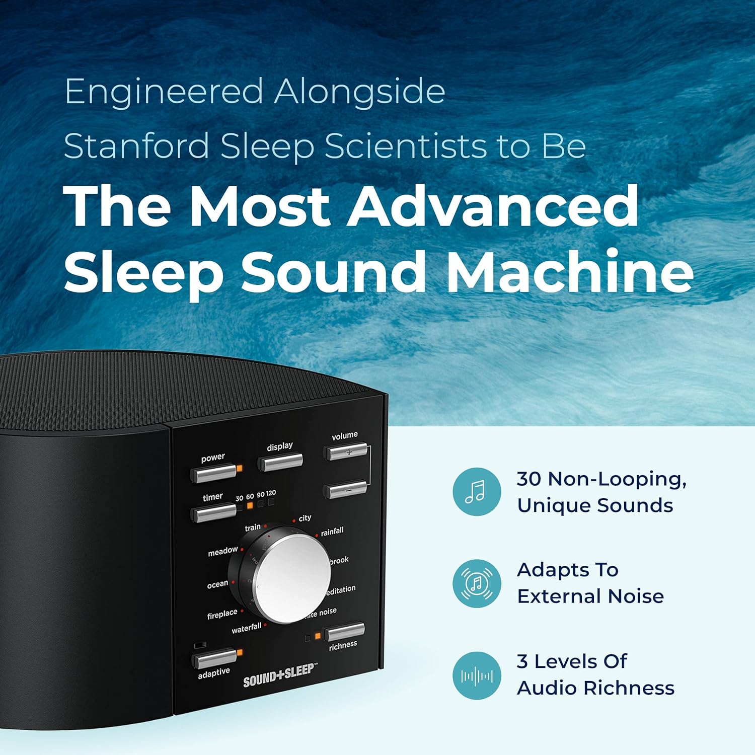 Sound+Sleep Alta Affidabilità del sonno Macchina del suono ad alta fedeltà con veri suoni naturali senza interruzione del flusso, suoni di ventole, rumore bianco e tecnologia audio adattiva.