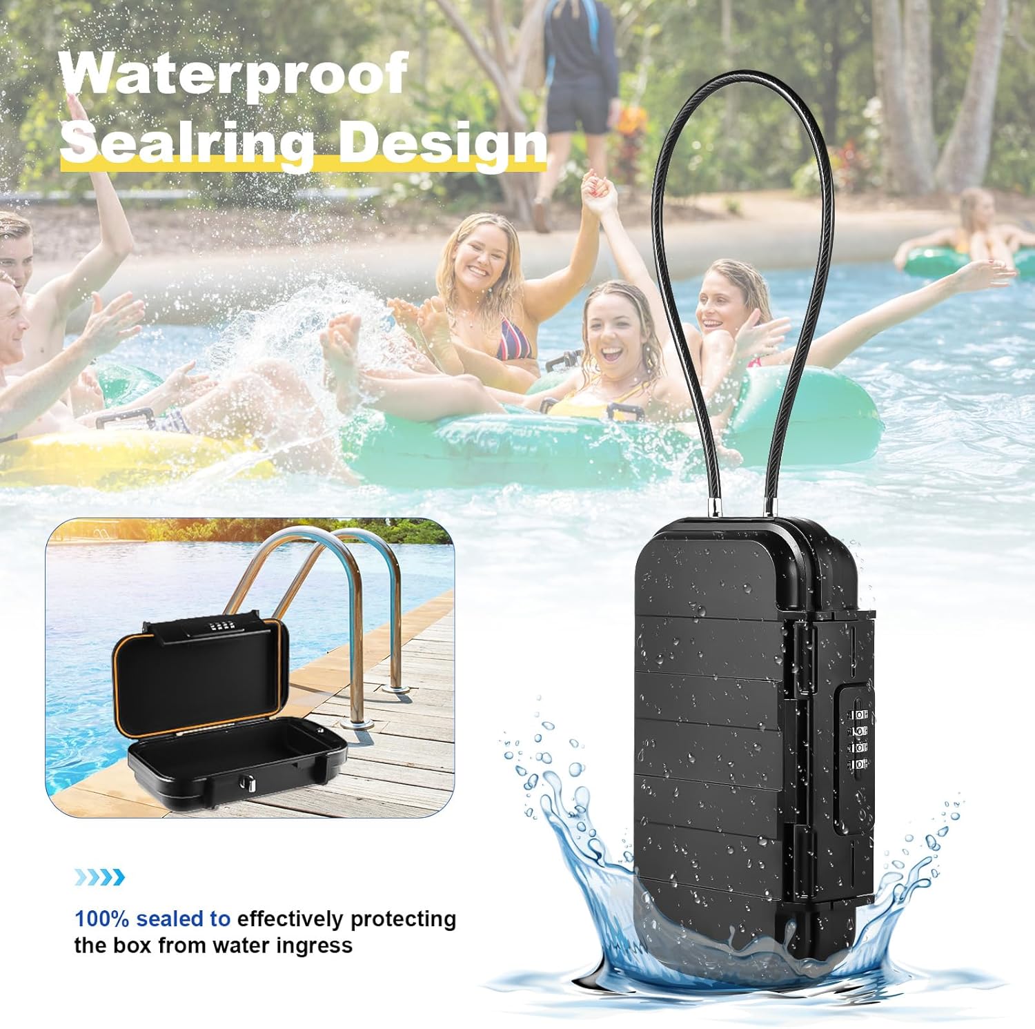 Cassaforte portatile con codice - Impermeabile e antifurto - Cassaforte da viaggio - Con cavo metallico rimovibile - Per la spiaggia, le auto, l'ufficio, le vacanze - Nero