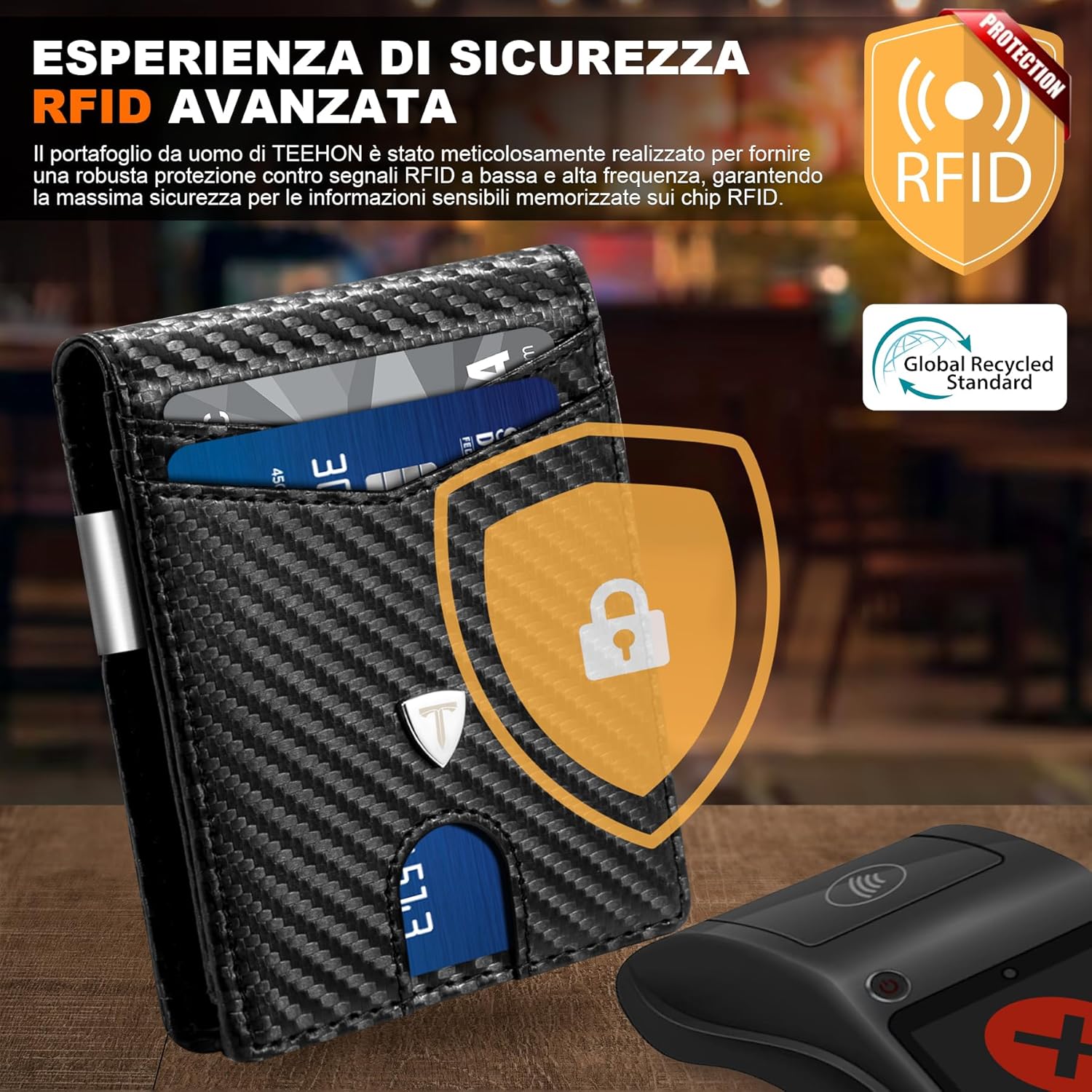 TEEHON Portafoglio Uomo RFID Blocking Portafoglio Uomo Slim Pelle in Fibra di Carbonio con 12 Porta Carte di Credito Uomo, ID Window, Fermasoldi, Bi-Fold Minimalista con Confezione Regalo - Nero