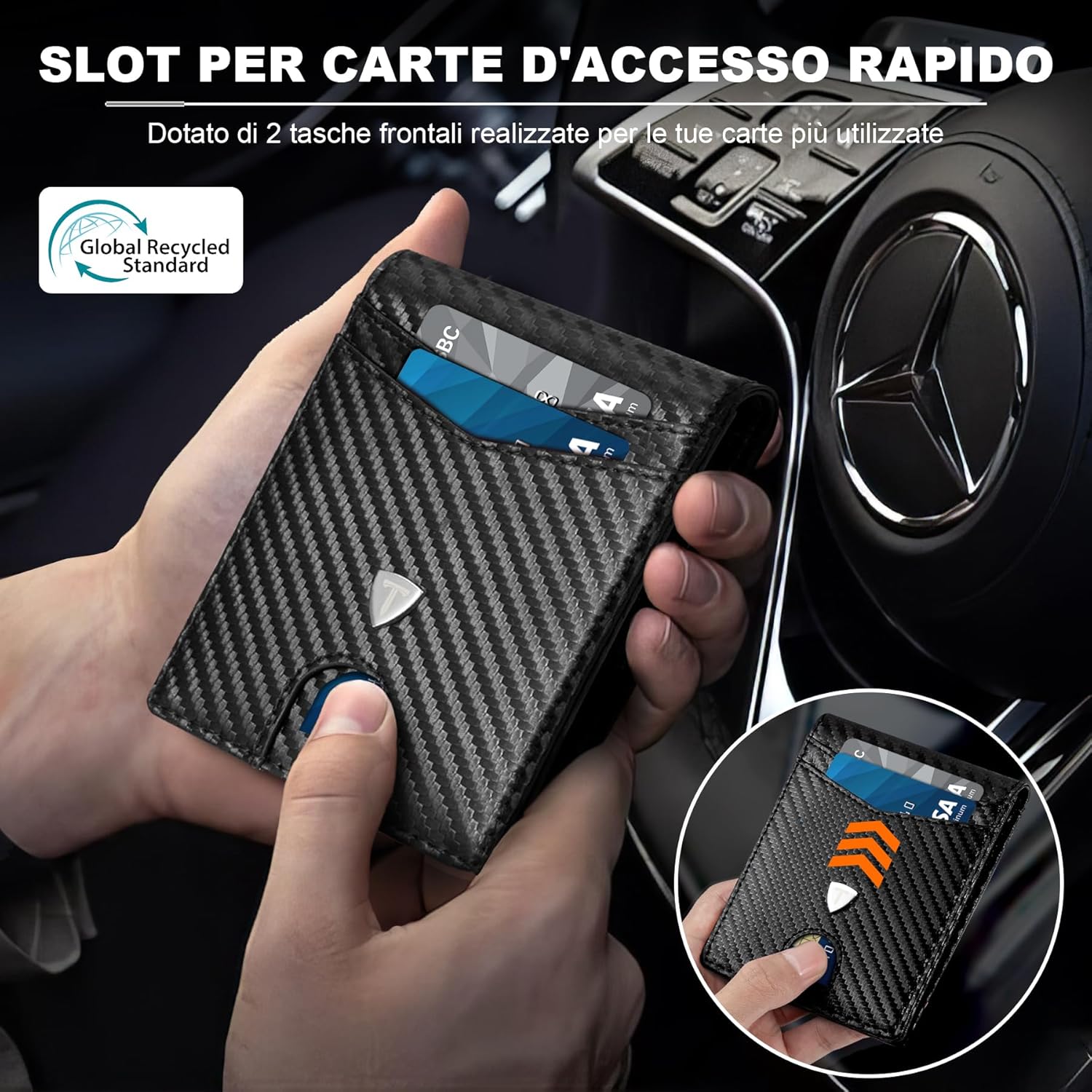 TEEHON Portafoglio Uomo RFID Blocking Portafoglio Uomo Slim Pelle in Fibra di Carbonio con 12 Porta Carte di Credito Uomo, ID Window, Fermasoldi, Bi-Fold Minimalista con Confezione Regalo - Nero