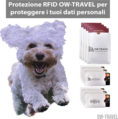 OW-Travel Custodie Blocco RFID. Protezione RFID per Porta Carte di Credito Uomo e Donna e Custodia Passaporto. Proteggi Carte di Credito Contactless. Porta Bancomat Schermato + Custodie Passaporto, 14