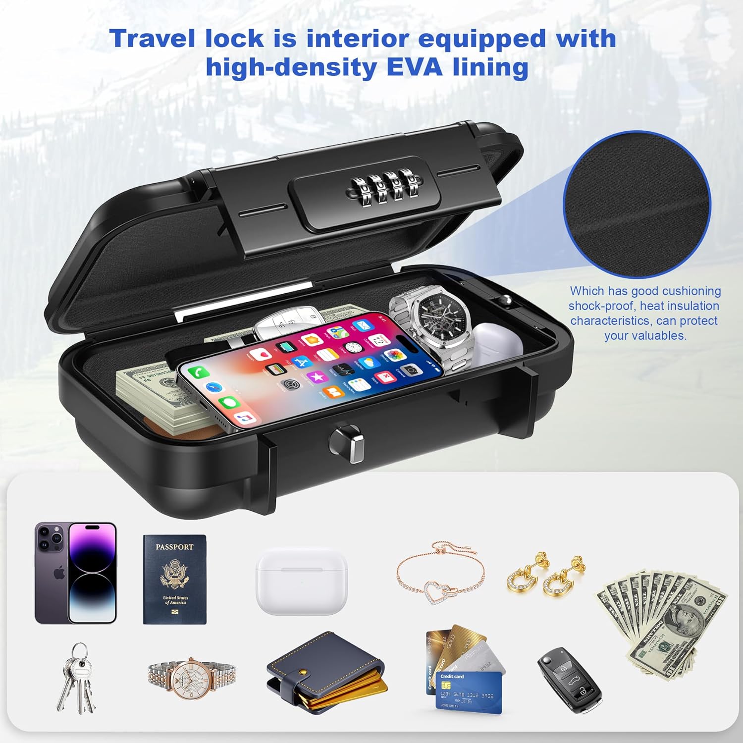 Cassaforte portatile con codice - Impermeabile e antifurto - Cassaforte da viaggio - Con cavo metallico rimovibile - Per la spiaggia, le auto, l'ufficio, le vacanze - Nero